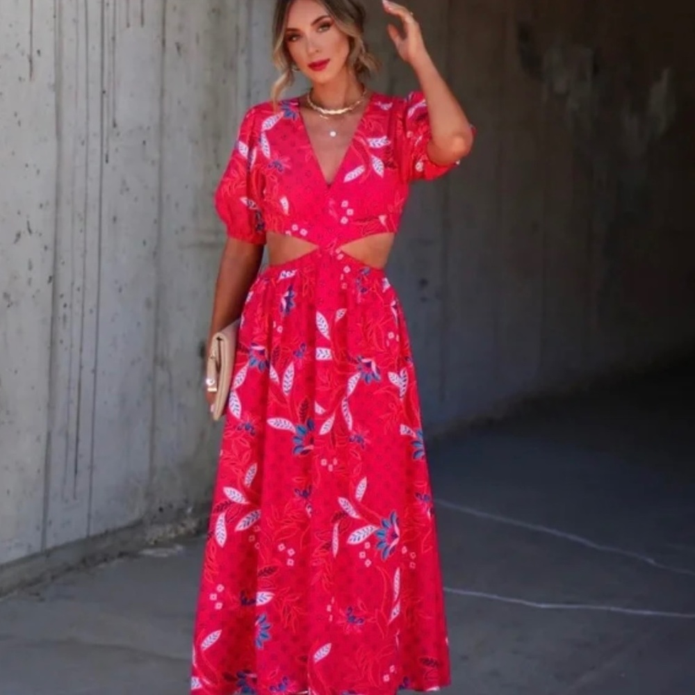 Vici Red Floral Cutout Midi Dress